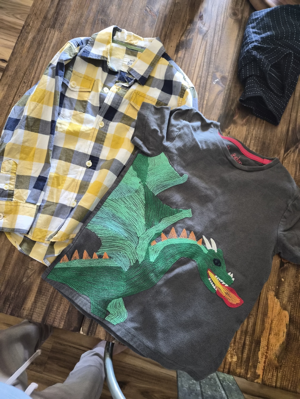 Mini Boden Gray Tee with Green Dragon & Yellow Plaid Button-Down